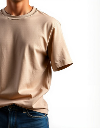Man in blank beige t-shirt on a white background.の写真素材