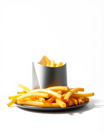 French fries in a black plate on a white background. Fast food.