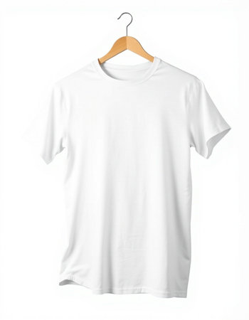 White t-shirt on wooden hanger isolated on white background.