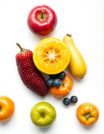 Fruits and vegetables isolated on white background. Healthy eating concept.