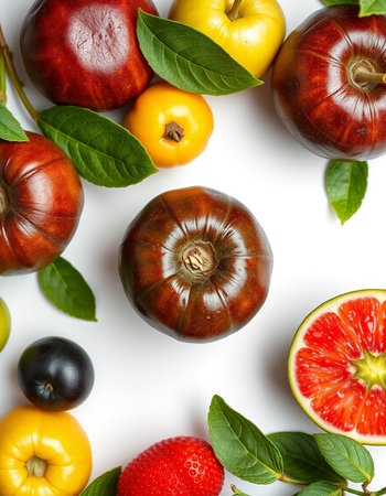 Colorful fruits and vegetables on white background, top view. Flat lay