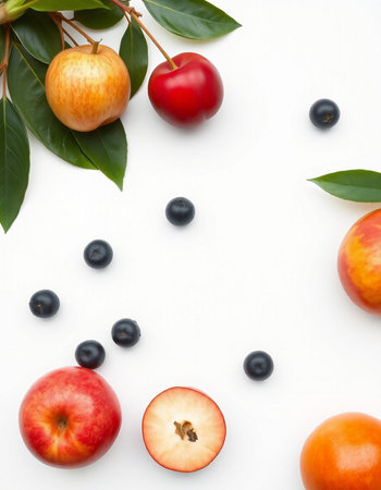 Fruits and berries on a white background. Flat lay, top view.の写真素材
