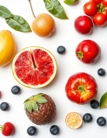 Fruits and berries on a white background. Flat lay, top viewの写真素材