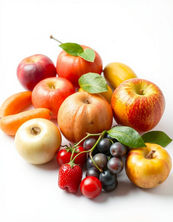 Fresh fruits and vegetables isolated on white background. Healthy food concept.