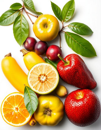 Fruits and vegetables on a white background. Healthy eating concept.の写真素材