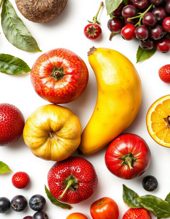 Fresh fruits and berries on white background. Flat lay, top viewの写真素材