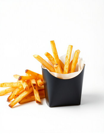 French fries in paper box isolated on white background. Selective focus.の写真素材