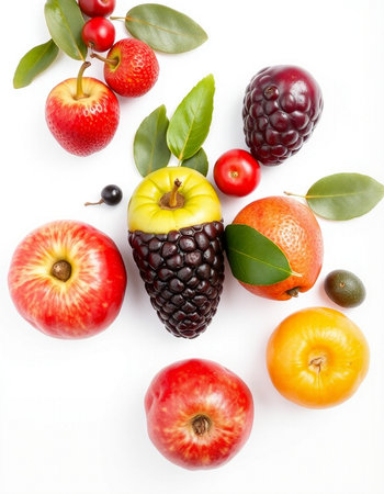 Fruits and berries isolated on a white background. Top view.の写真素材
