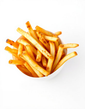 closeup of a bowl of french fries isolated on a white background