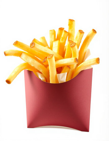 French fries in a red box on a white background. Isolated