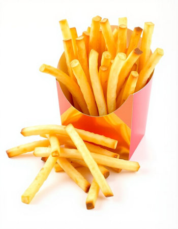 French fries in a red box on a white background close-up