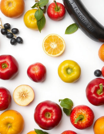 Fruits and vegetables on a white background. Flat lay, top viewの写真素材