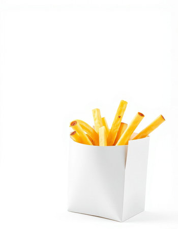 French fries in a white box on a white background. Isolatedの写真素材