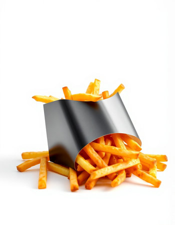 Golden French fries in a black plastic box on a white background.