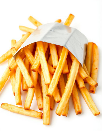 French fries on a white background. Shallow depth of field.