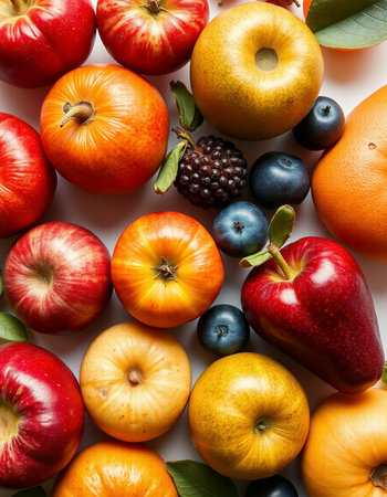 Fruits and vegetables on a white background. Top view. Flat lay.の写真素材