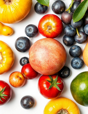 Various fruits and vegetables on white background. Top view. Flat layの写真素材
