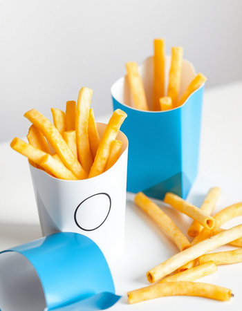 French fries in paper cups on a white background. Selective focus.