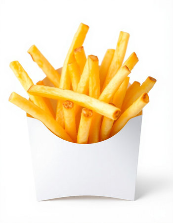 French fries in a white box on a white background. Close-up.