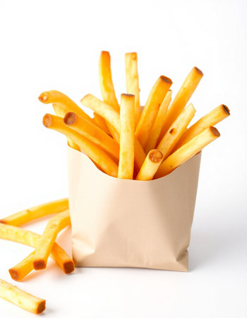 French fries in paper bag on white background. Selective focus.