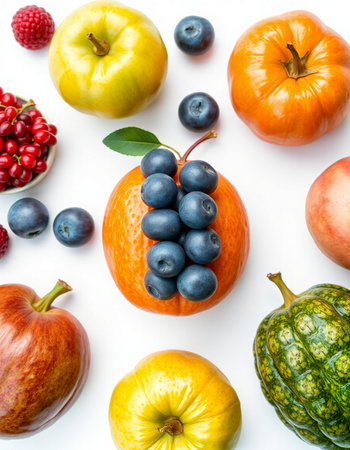 Autumn fruits and vegetables on white background. Flat lay, top viewの写真素材
