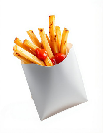 French fries in a paper box isolated on a white background with clipping path
