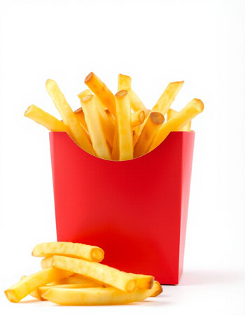French fries in a red box on a white background. Isolated
