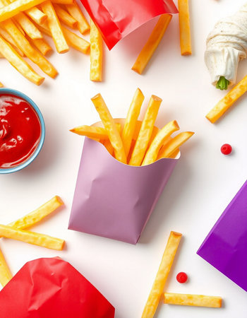 French fries in paper bags and ketchup on white background, top viewの写真素材