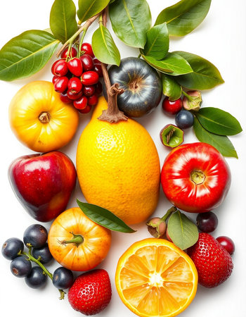 Fruits and berries isolated on white background. Healthy food concept.