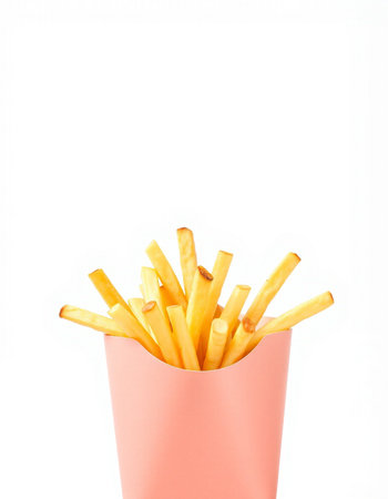 French fries in pink paper box isolated on white background, top viewの写真素材