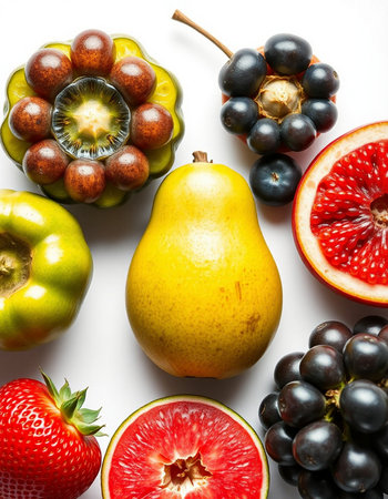 Colorful fruits on white background, top view, close-upの写真素材