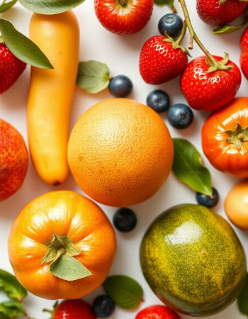 Fresh fruits and vegetables on white background. Top view. Flat lay.