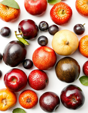 Fruits isolated on the white background. Top view. Flat lay.