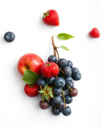 Strawberry, blueberry, apple and raspberry on white backgroundの写真素材