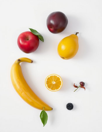 Fruits and berries on white background. Flat lay, top viewの写真素材