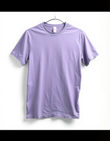Purple t-shirt on a hanger on a white backgroundの写真素材