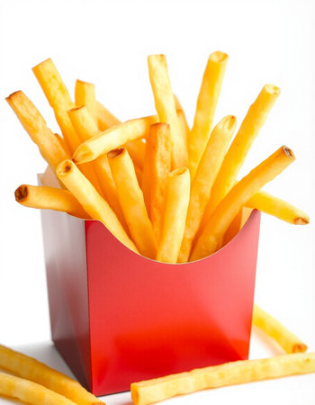French fries in a red box on a white background, close-up