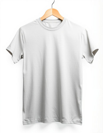 Blank t-shirt on wooden hanger isolated on white background