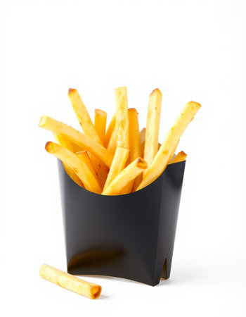 French fries in a black box on a white background. Isolated