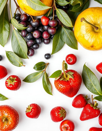 Flat lay composition with fresh fruits and berries on white background.