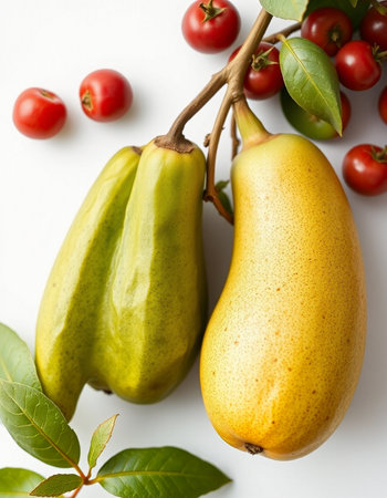 Fresh green and yellow pears on white background with red cherry tomatoesの写真素材
