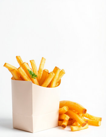French fries in a paper bag on a white background. Selective focus.