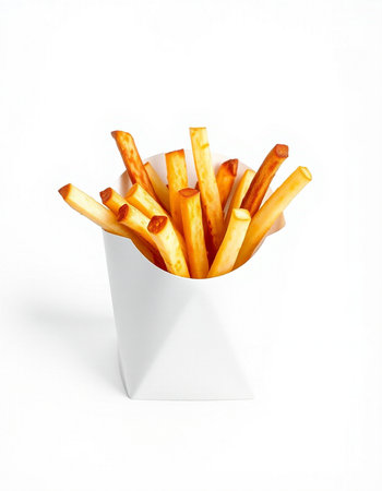 French fries in a white box on a white background. Isolated