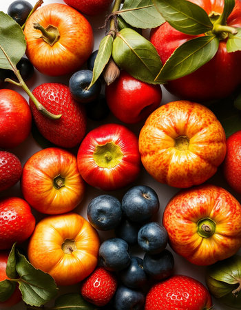 Colorful fruits and berries background. Top view. Flat lay.