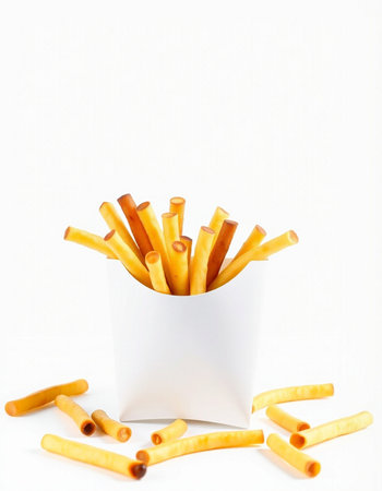 French fries in a paper box on a white background. Selective focus.