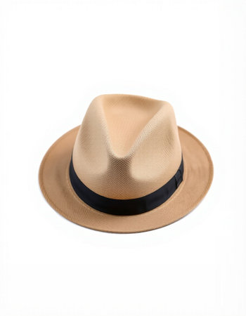 Beige hat isolated on white background. Close-up of hat.の写真素材