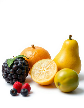 Fruits isolated on white background. Blackberries, pears, raspberries, blackberries and lemons
