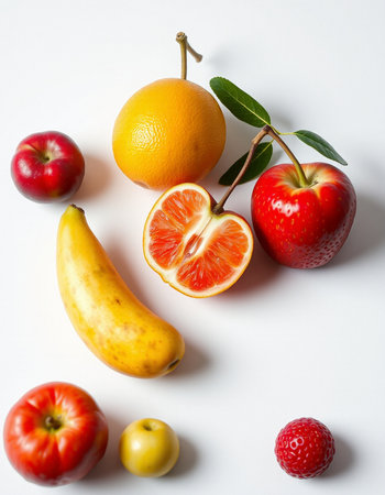 Fruits on a white background. Flat lay, top view.の写真素材