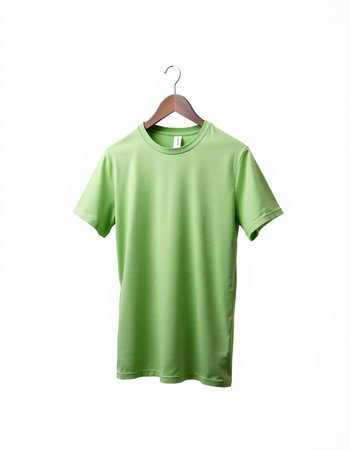 Green t-shirt on a hanger isolated on white background.の写真素材