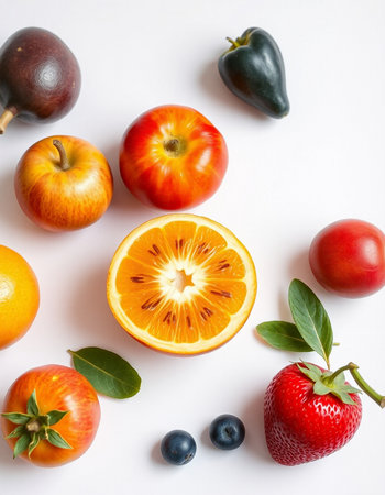 Fruits and vegetables on white background. Flat lay, top viewの写真素材